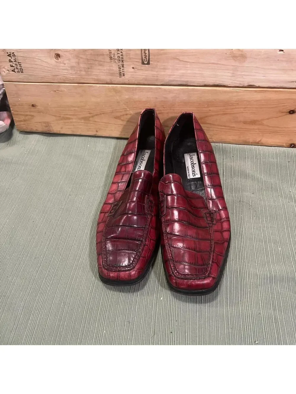 Jacobson's Vintage Oxblood Croc Embossed Leather Mens Loafers Size 8 M